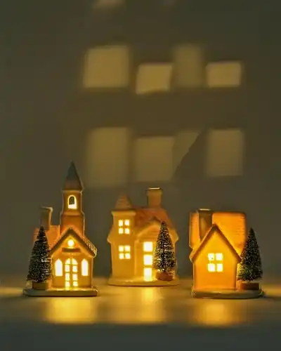 Set of Three White Ceramic Houses